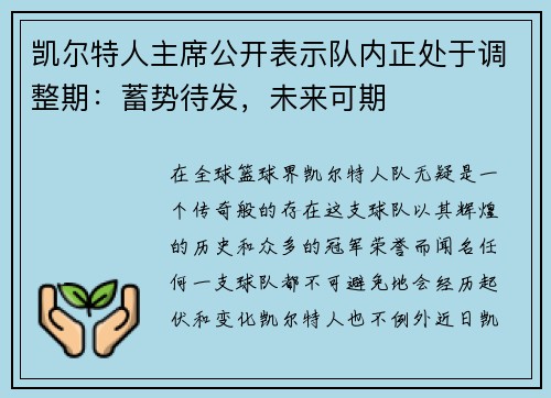 凯尔特人主席公开表示队内正处于调整期：蓄势待发，未来可期